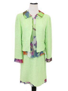CHANEL Vintage 2000 Spring Lime Green Print Chiffon Trim Skirt Jacket Set 38 40